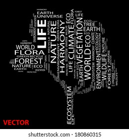 Vector concept or conceptual white text word cloud as tree isolated on black background, metaphor to nature, ecology, green, energy, natural, life, world or global, protect, environmental or recycling