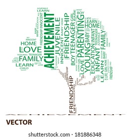 Vector concept or conceptual white text word cloud or tagcloud as a tree isolated on white background as a metaphor for child, family, education, life, home, love and school learn or achievement