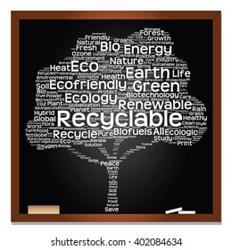 Vector concept or conceptual white text on blackboard word cloud tree isolated on black background, metaphor to nature, ecology, energy, natural, life, world, global, protect, environmental or biofuel