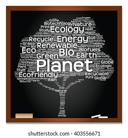Vector concept or conceptual white text on blackboard word cloud tree isolated on black background, metaphor to nature, ecology, energy, natural, life, world, global, protect, environmental or biofuel