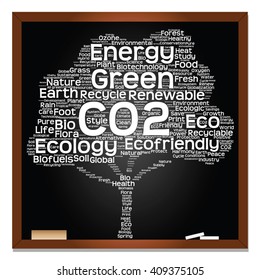 Vector concept or conceptual white text on blackboard word cloud tree isolated on black background, metaphor to nature, ecology, energy, natural, life, world, global, protect, environmental or biofuel