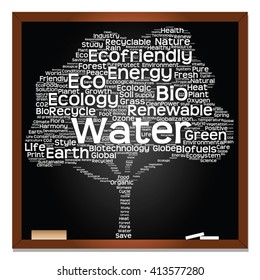 Vector concept or conceptual white text on blackboard word cloud tree isolated on black background, metaphor to nature, ecology, energy, natural, life, world, global, protect, environmental or biofuel