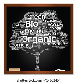 Vector concept or conceptual white text on blackboard word cloud tree isolated on black background, metaphor to nature, ecology, energy, natural, life, world, global, protect, environmental or biofuel