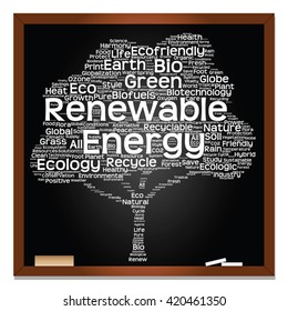 Vector concept or conceptual white text on blackboard word cloud tree isolated on black background, metaphor to nature, ecology, energy, natural, life, world, global, protect, environmental or biofuel
