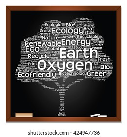 Vector concept or conceptual white text on blackboard word cloud tree isolated on black background, metaphor to nature, ecology, energy, natural, life, world, global, protect, environmental or biofuel