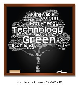 Vector concept or conceptual white text on blackboard word cloud tree isolated on black background, metaphor to nature, ecology, energy, natural, life, world, global, protect, environmental or biofuel