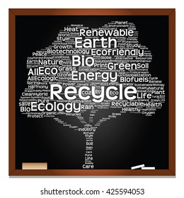 Concepto vectorial o texto blanco conceptual en la pizarra palabra árbol de nubes aislado en fondo negro, metáfora de la naturaleza, la ecología, la energía, la naturaleza, la vida, el mundo, global, proteger, ambiental o biocombustible