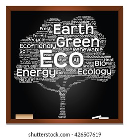Vector concept or conceptual white text on blackboard word cloud tree isolated on black background, metaphor to nature, ecology, energy, natural, life, world, global, protect, environmental or biofuel