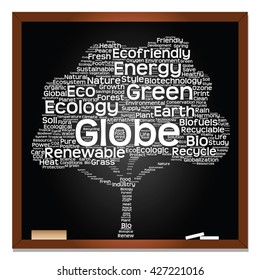 Vector concept or conceptual white text on blackboard word cloud tree isolated on black background, metaphor to nature, ecology, energy, natural, life, world, global, protect, environmental or biofuel