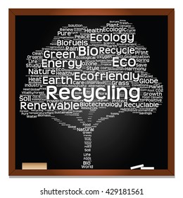 Vector concept or conceptual white text on blackboard word cloud tree isolated on black background, metaphor to nature, ecology, energy, natural, life, world, global, protect, environmental or biofuel