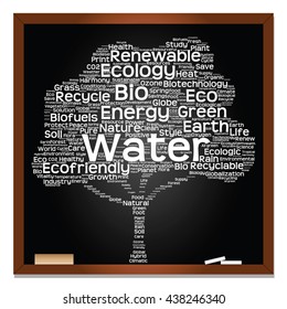Vector concept or conceptual white text on blackboard word cloud tree isolated on black background, metaphor to nature, ecology, energy, natural, life, world, global, protect, environmental or biofuel