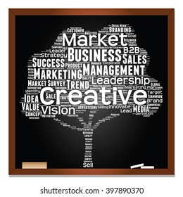 Vector concept or conceptual white tree word cloud or wordcloud on black blackboard background, metaphor to business, trend, media, focus, market, value, product, advertising, leadership or customer