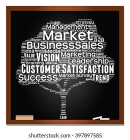 Vector concept or conceptual white tree word cloud or wordcloud on black blackboard background, metaphor to business, trend, media, focus, market, value, product, advertising, leadership or customer