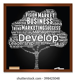 Vector concept or conceptual white tree word cloud or wordcloud on black blackboard background, metaphor to business, trend, media, focus, market, value, product, advertising, leadership or customer