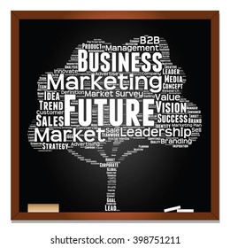 Vector concept or conceptual white tree word cloud or wordcloud on black blackboard background, metaphor to business, trend, media, focus, market, value, product, advertising, leadership or customer