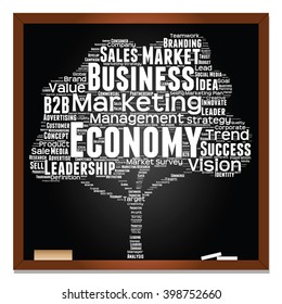 Vector concept or conceptual white tree word cloud or wordcloud on black blackboard background, metaphor to business, trend, media, focus, market, value, product, advertising, leadership or customer