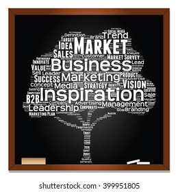 Vetor conceito ou conceitual árvore branca palavra nuvem ou wordcloud no fundo preto blackboard, metáfora para negócios, tendência, mídia, foco, mercado, valor, produto, publicidade, liderança ou cliente