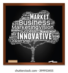 Vector concept or conceptual white tree word cloud or wordcloud on black blackboard background, metaphor to business, trend, media, focus, market, value, product, advertising, leadership or customer