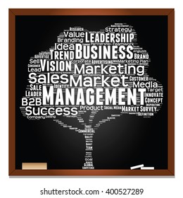 Vector concept or conceptual white tree word cloud or wordcloud on black blackboard background, metaphor to business, trend, media, focus, market, value, product, advertising, leadership or customer