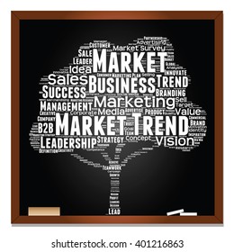 Vector concept or conceptual white tree word cloud or wordcloud on black blackboard background, metaphor to business, trend, media, focus, market, value, product, advertising, leadership or customer