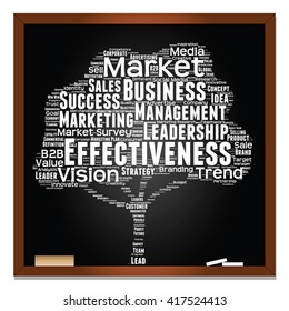 Vector concept or conceptual white tree word cloud or wordcloud on black blackboard background, metaphor to business, trend, media, focus, market, value, product, advertising, leadership or customer