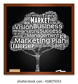 Vector concept or conceptual white tree word cloud or wordcloud on black blackboard background, metaphor to business, trend, media, focus, market, value, product, advertising, leadership or customer