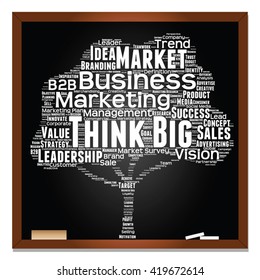 Vector concept or conceptual white tree word cloud or wordcloud on black blackboard background, metaphor to business, trend, media, focus, market, value, product, advertising, leadership or customer