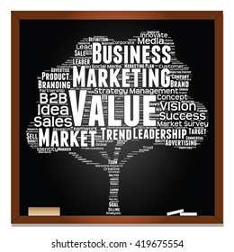 Vector concept or conceptual white tree word cloud or wordcloud on black blackboard background, metaphor to business, trend, media, focus, market, value, product, advertising, leadership or customer