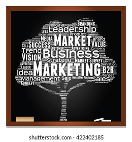 Vector concept or conceptual white tree word cloud or wordcloud on black blackboard background, metaphor to business, trend, media, focus, market, value, product, advertising, leadership or customer