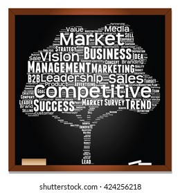 Vector concept or conceptual white tree word cloud or wordcloud on black blackboard background, metaphor to business, trend, media, focus, market, value, product, advertising, leadership or customer