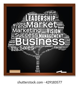 Vector concept or conceptual white tree word cloud or wordcloud on black blackboard background, metaphor to business, trend, media, focus, market, value, product, advertising, leadership or customer