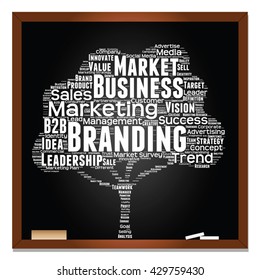 Vector concept or conceptual white tree word cloud or wordcloud on black blackboard background, metaphor to business, trend, media, focus, market, value, product, advertising, leadership or customer