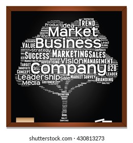 Vector concept or conceptual white tree word cloud or wordcloud on black blackboard background, metaphor to business, trend, media, focus, market, value, product, advertising, leadership or customer