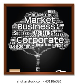 Vector concept or conceptual white tree word cloud or wordcloud on black blackboard background, metaphor to business, trend, media, focus, market, value, product, advertising, leadership or customer