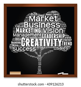 Vector concept or conceptual white tree word cloud or wordcloud on black blackboard background, metaphor to business, trend, media, focus, market, value, product, advertising, leadership or customer