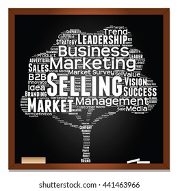Vector concept or conceptual white tree word cloud or wordcloud on black blackboard background, metaphor to business, trend, media, focus, market, value, product, advertising, leadership or customer
