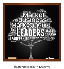 Vector concept or conceptual white tree word cloud or wordcloud on black blackboard background, metaphor to business, trend, media, focus, market, value, product, advertising, leadership or customer