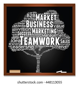 Vector concept or conceptual white tree word cloud or wordcloud on black blackboard background, metaphor to business, trend, media, focus, market, value, product, advertising, leadership or customer