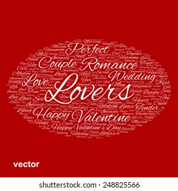 Vector concept or conceptual white wordcloud text in shape of ellipse symbol isolated on red background, metaphor to love, romance, passion, romantic, emotion, marriage, valentine, desire or affection