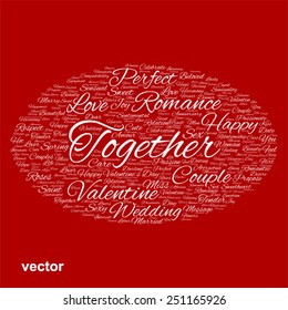 Vector concept or conceptual white wordcloud text in shape of ellipse symbol isolated on red background, metaphor to love, romance, passion, romantic, emotion, marriage, valentine, desire or affection