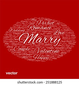 Vetor conceito ou conceitual branco wordcloud texto em forma de elipse símbolo isolado no fundo vermelho, metáfora para o amor, romance, paixão, romântico, emoção, casamento, namorados, desejo ou afeto