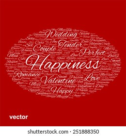 Vector concept or conceptual white wordcloud text in shape of ellipse symbol isolated on red background, metaphor to love, romance, passion, romantic, emotion, marriage, valentine, desire or affection