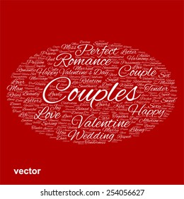 Vector concept or conceptual white wordcloud text in shape of ellipse symbol isolated on red background, metaphor to love, romance, passion, romantic, emotion, marriage, valentine, desire or affection