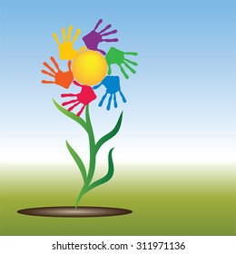 Concepto vectorial amarillo conceptual sol abstracto feliz con los niños estampado a mano espiral o flor circular aislado en fondo blanco, metáfora a la infancia, educación, verano, primavera, juego o amistad