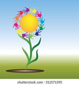 Vector concept conceptual yellow happy abstract sun with children hand print spiral or circle flower isolated on white background, metaphor to childhood, education, summer, spring, play or friendship