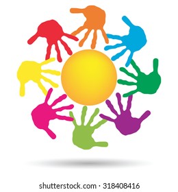 Vector concept conceptual yellow happy abstract sun with children hand print spiral or circle isolated on white background