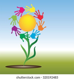 Concepto vectorial amarillo conceptual sol abstracto feliz con los niños estampado a mano espiral o flor de círculo aislado en la metáfora de fondo blanco a la infancia, la educación, el verano, la primavera, el juego o la amistad
