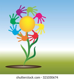 Vector concept conceptual yellow happy abstract sun with children hand print spiral or circle flower isolated on white background, metaphor to childhood, education, summer, spring, play or friendship