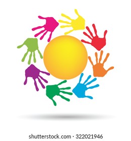 Vector concept conceptual yellow happy abstract sun with children hand print spiral or circle isolated on white background, metaphor to childhood, education, summer, spring, play or friendship