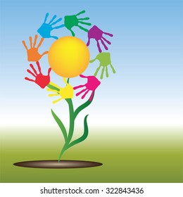 Concepto vectorial amarillo conceptual sol abstracto feliz con los niños estampado a mano espiral o flor circular aislado en fondo blanco, metáfora a la infancia, educación, verano, primavera, juego o amistad